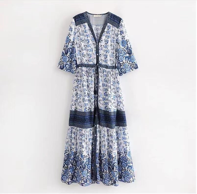 Bohemian Printed Patchwork V-Neck Cardigan Short Sleeve Dress
