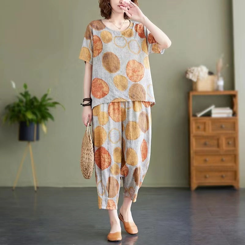 Women's Short Sleeve O Neck Printed Linen Two Piece Set