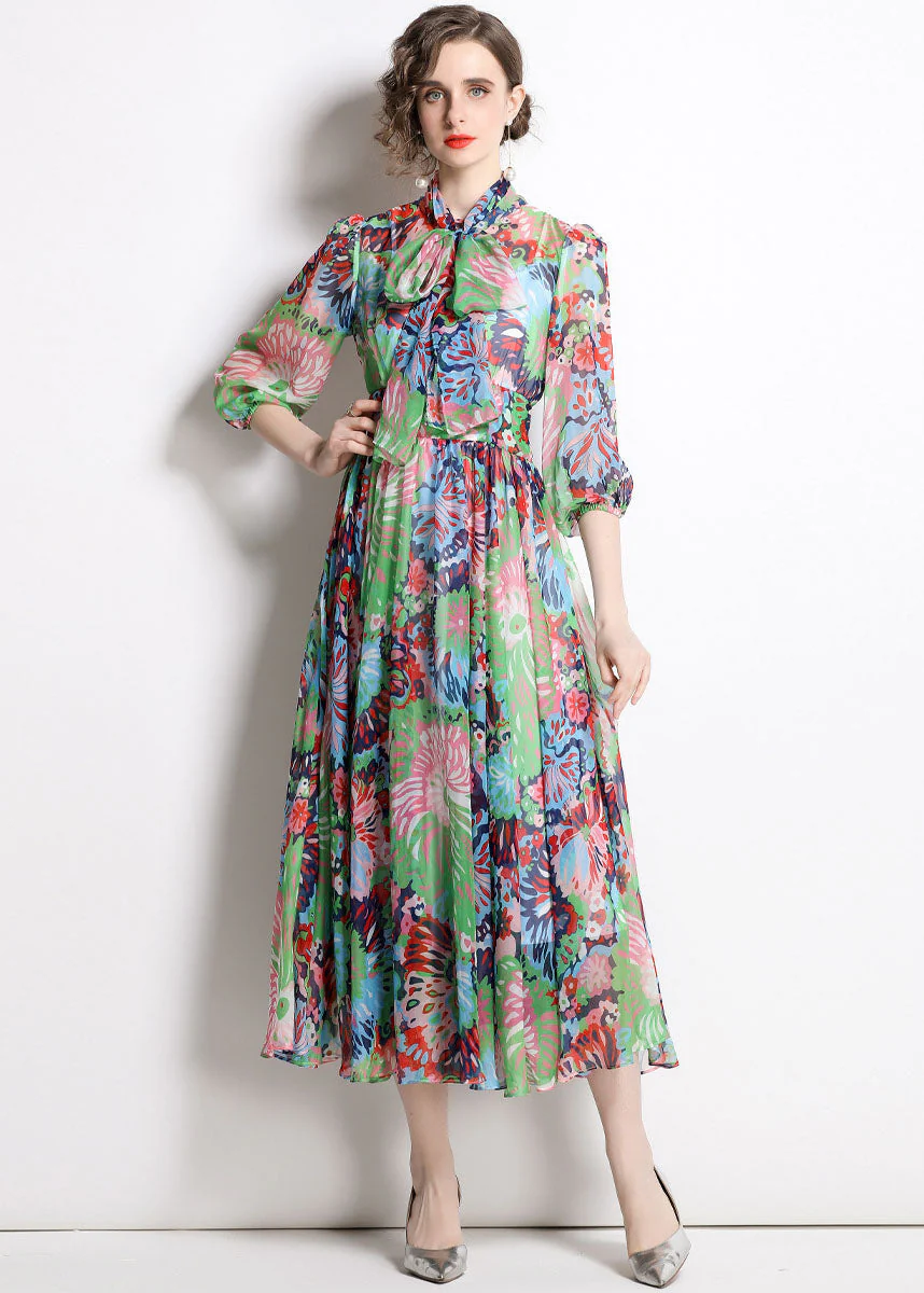 Women's Party Travel Green Zipper Printed Chiffon Tunic Waist Half Sleeve Dress Dresses