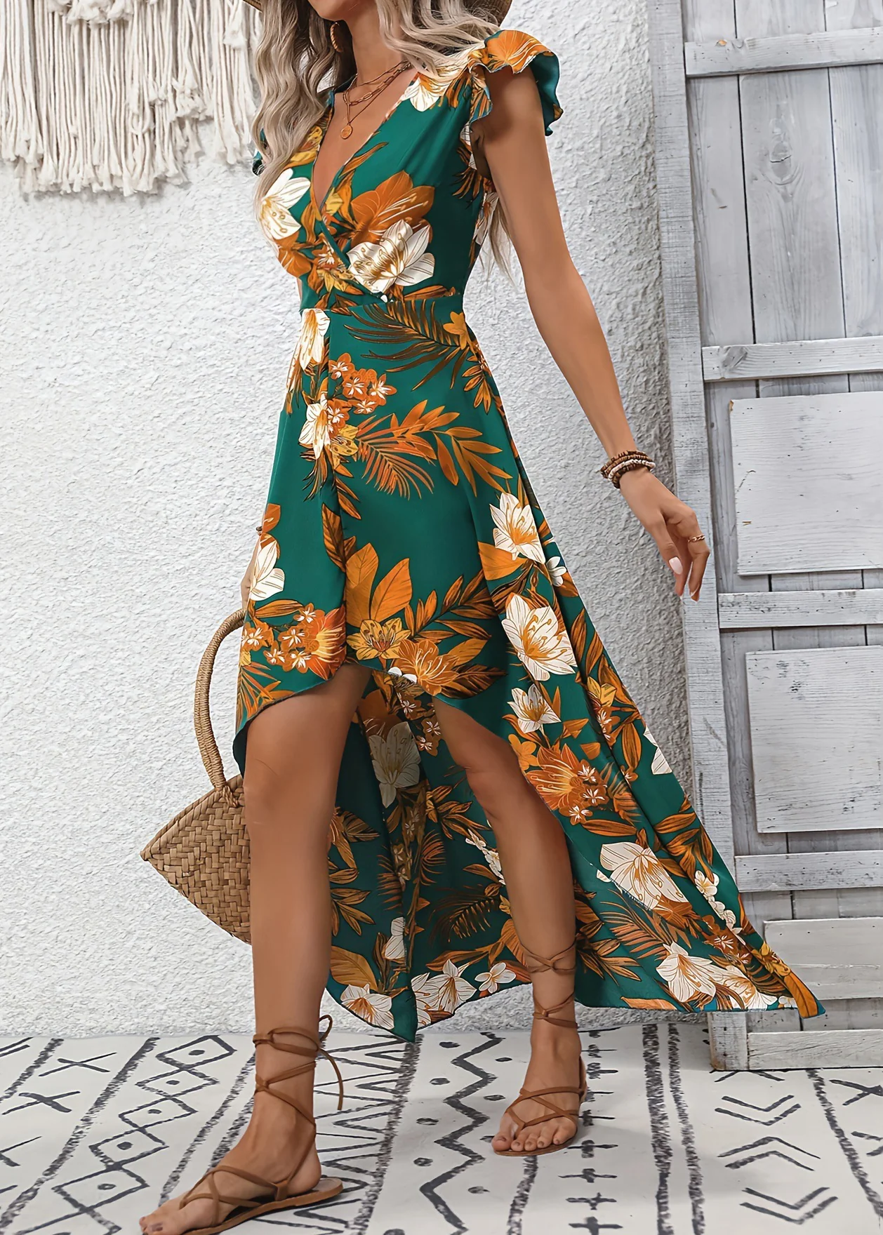 Women's Beach Floral Blue V-Neck Printed Cotton Maxi Dress