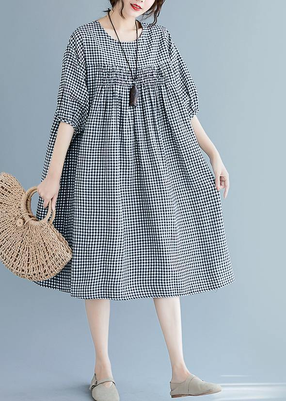 French O Neck Lantern Sleeve Black Plaid Dress