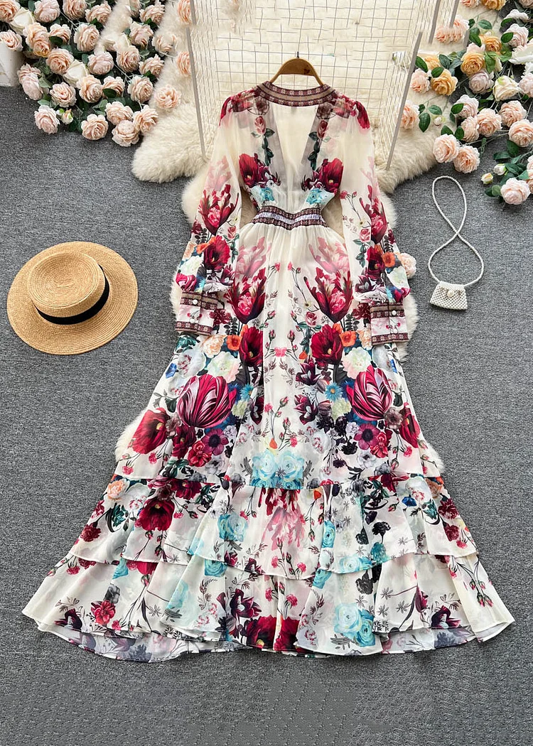 Women's V-neck Printed Elastic Waist Chiffon Long Skirt Spring