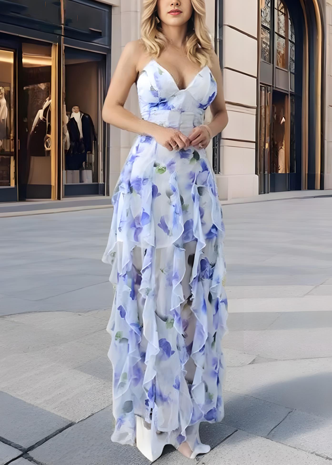 Women's Blue Printed Tie Side Split Spaghetti Strap Sleeveless Party Beach Dresses