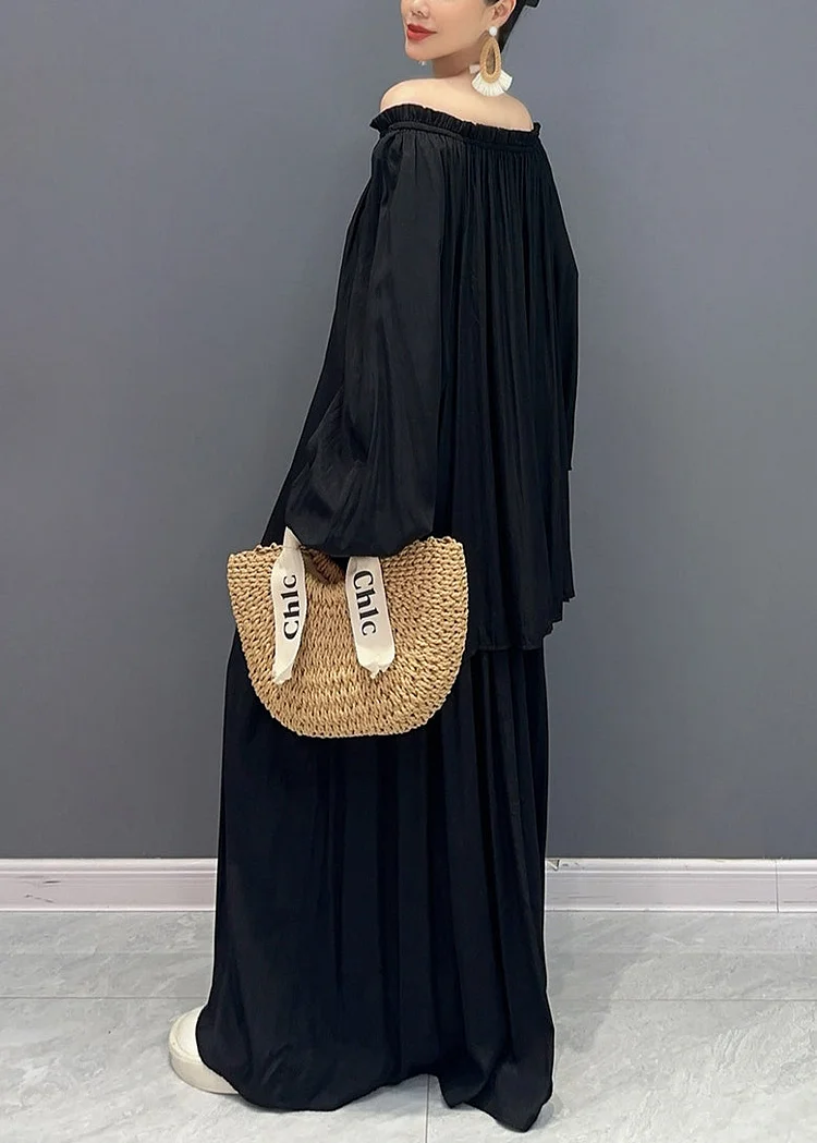 Women's French Black Slant Neck Ruffle Two Piece Set Lantern Sleeve Spring Summer