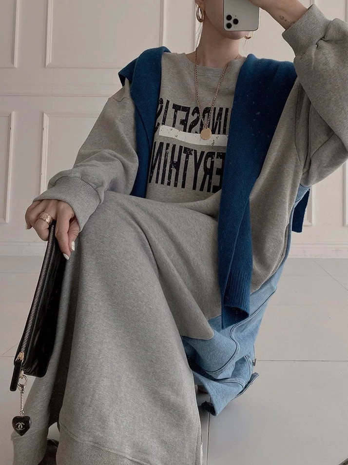 Women's Big Size Fashion Letter Printed Denim Patchwork Long Sleeve Sweatshirt Dress Spring