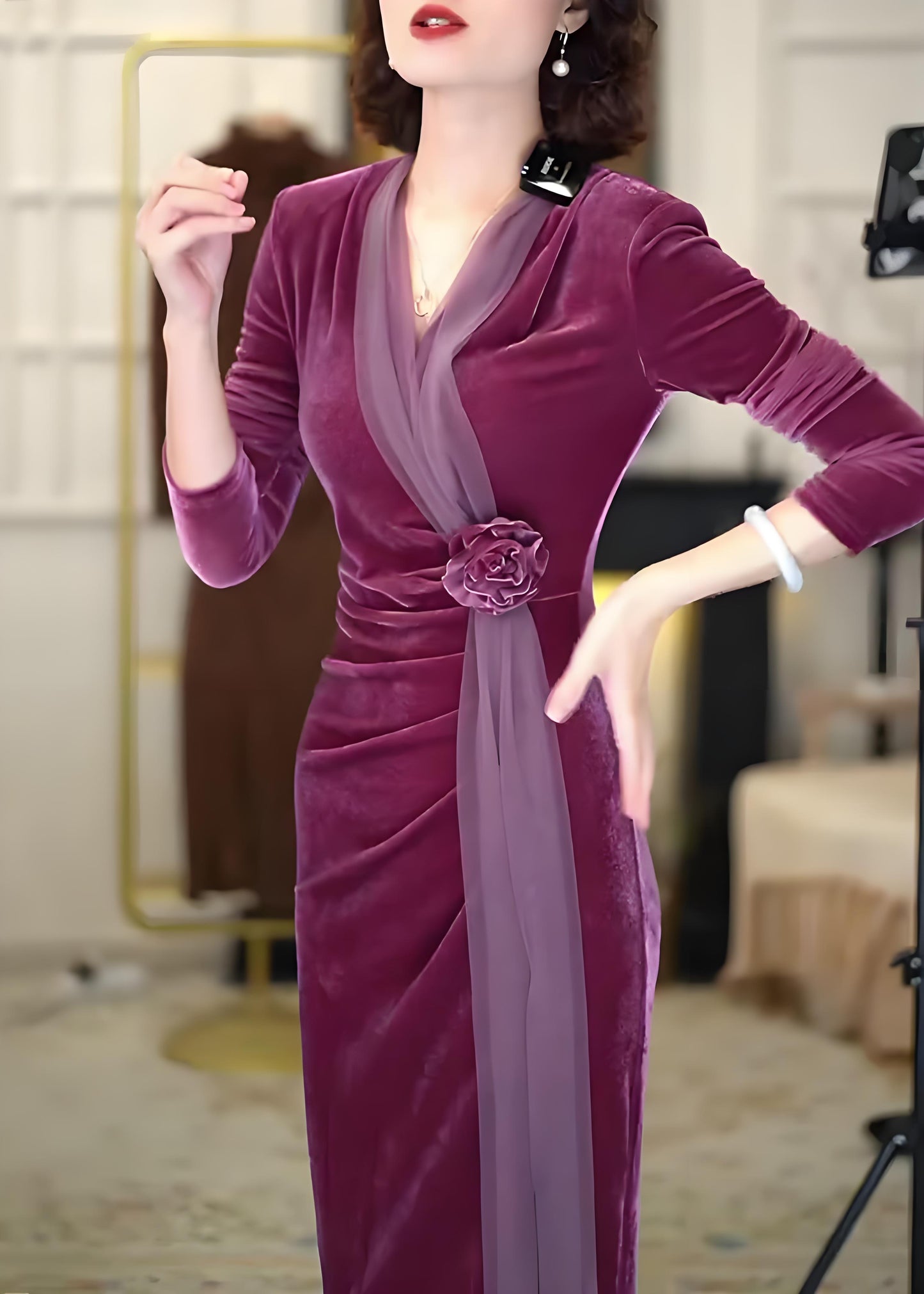 Women's Purple V-Neck Velvet Long Dress