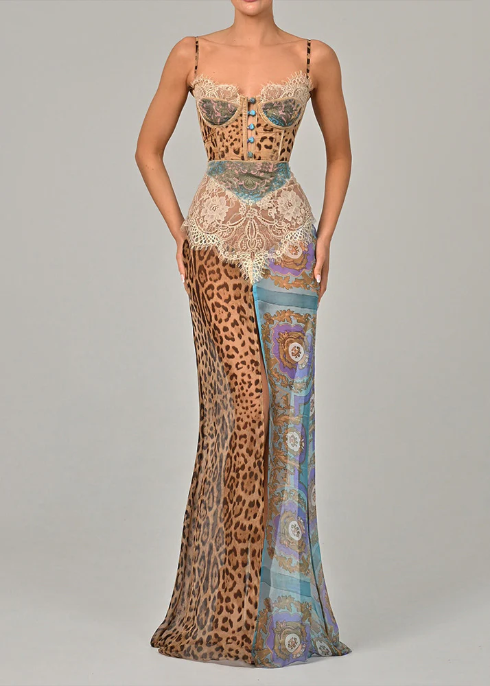 Leopard Print Lace Patchwork Chiffon Spaghetti Strap Sleeveless Dress Blue