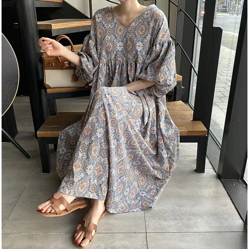 Elegant V-Neck Abstract Print Short Sleeve Hem Dress