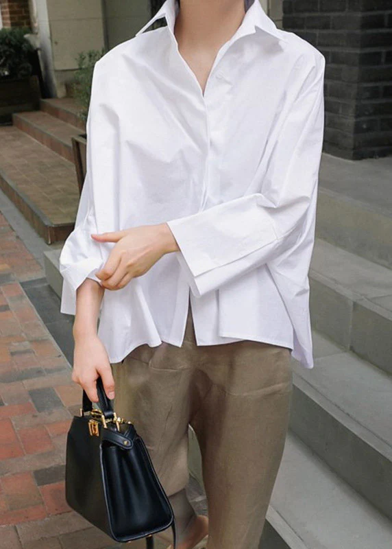 Loose Lapel Button Down Cotton Shirt Long Sleeve Top