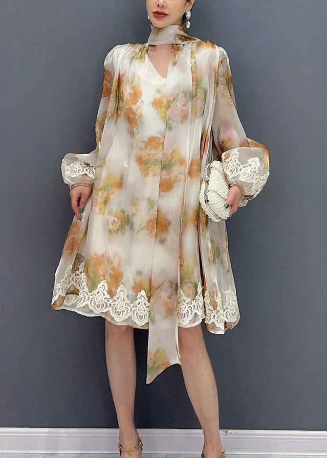 Women's Italian Fashion Printed Lace-Up Mid-Length Sleeve Dress