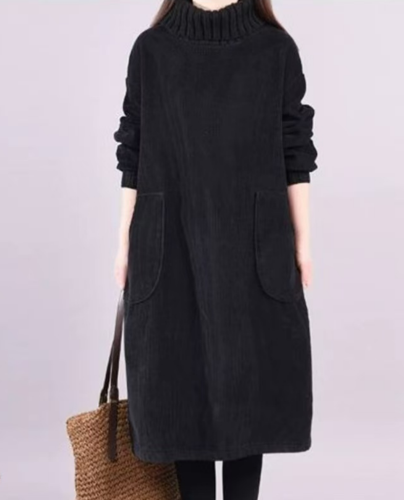 Women's Plus Size Patchwork Thick Corduroy Dress High Neck Long Sleeve