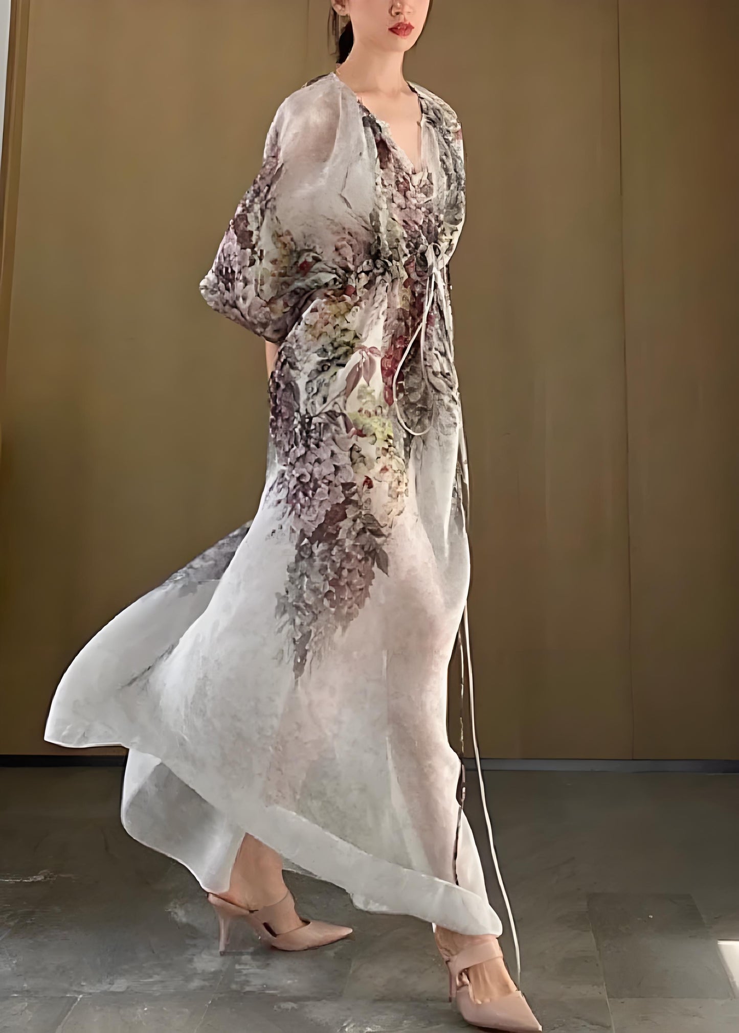 Women's Beach Boho V-Neck Printed Drawstring Long Half Sleeve Dress
