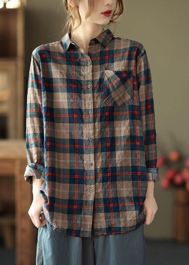 Women's Plaid Shirt Lapel Pocket Art Top