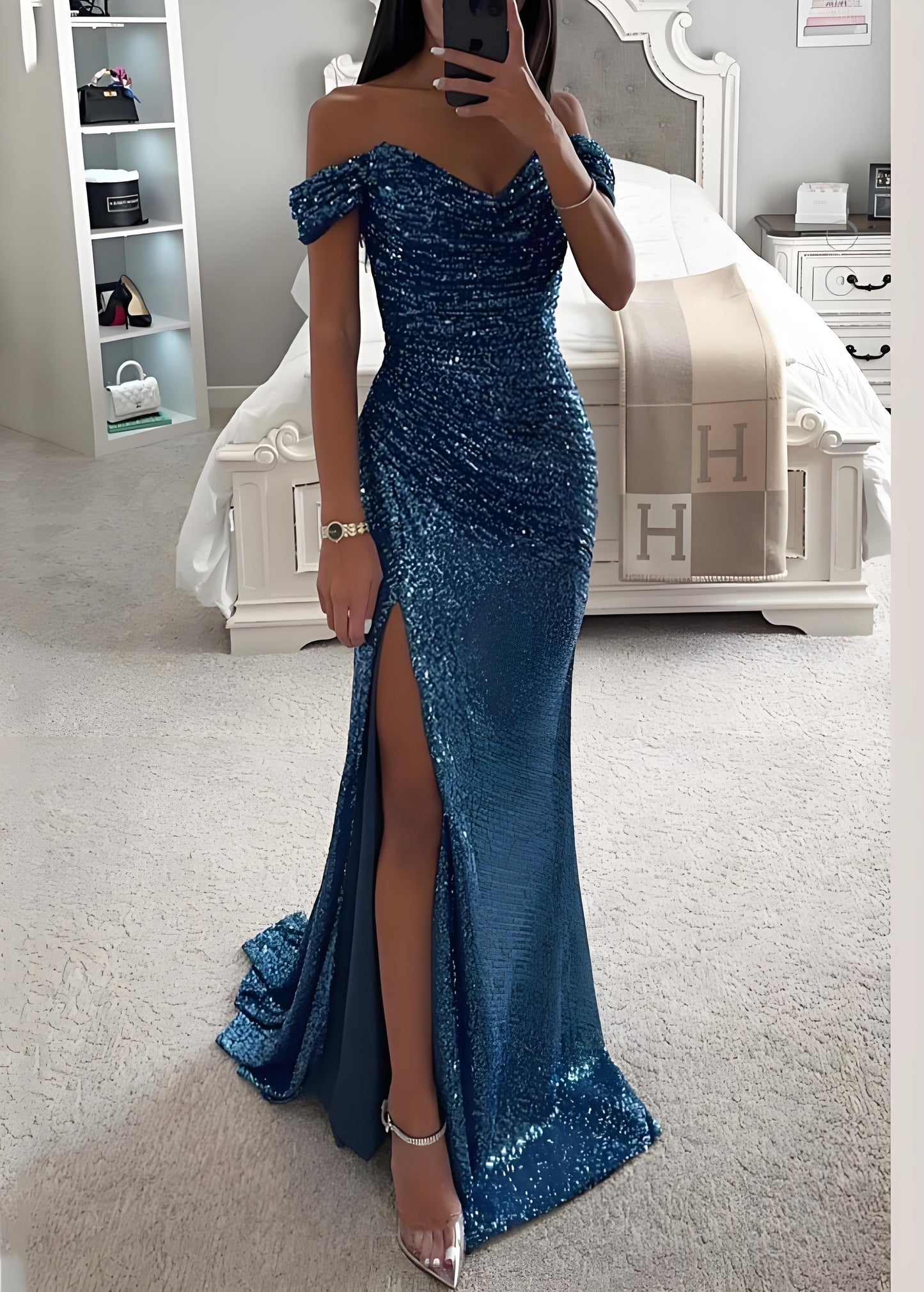 Women's Sheath Champagne Slant Neck Side Split Sequin Party Dresses