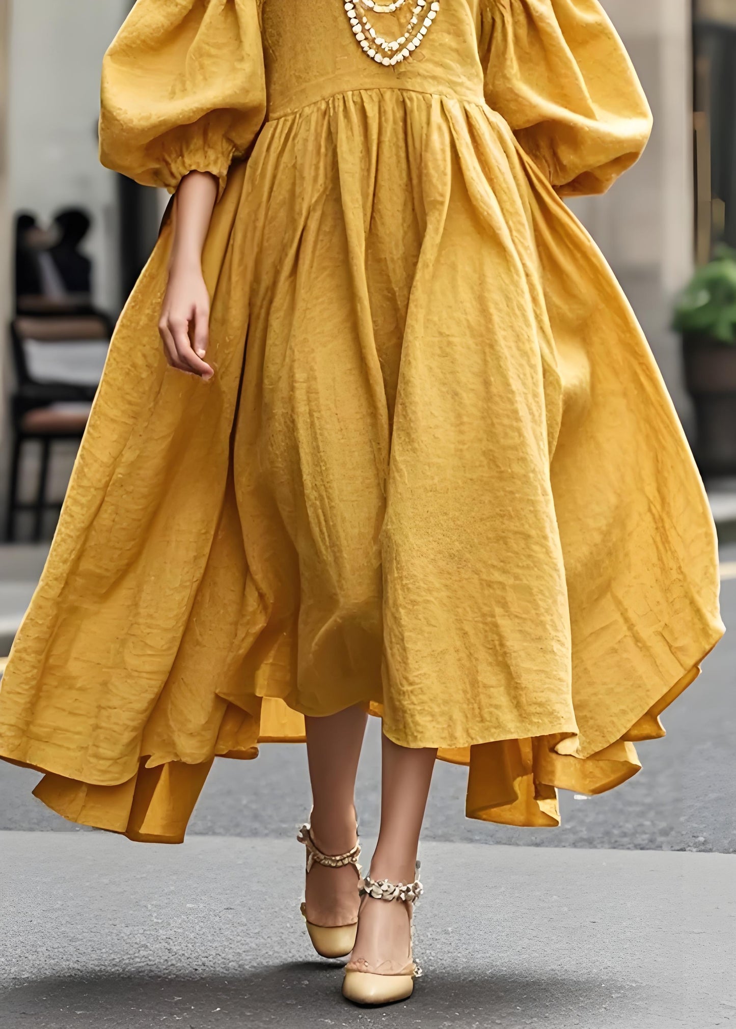 Women's Italian Bohemian Yellow Cotton Long Dress Lantern Sleeve Spring Summer