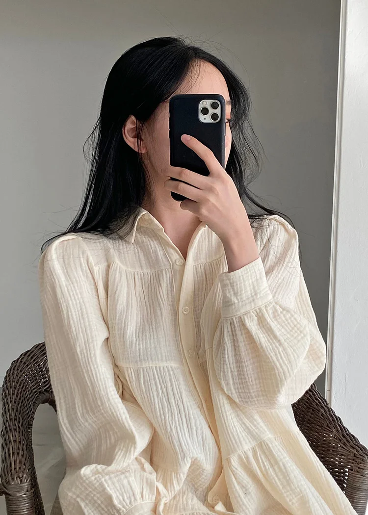 Women's Beige Oversized Pleated Linen Shirt Dress