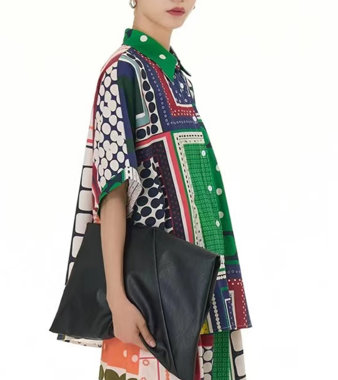 Fashion Geometric Print Lapel Short Sleeve Shirt Top