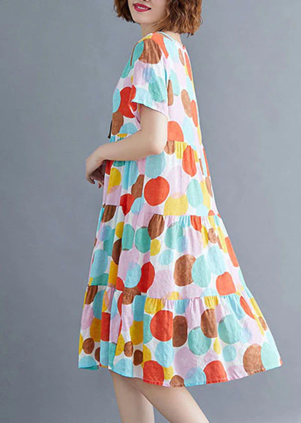 Women's O-neck polka dot printed cotton pleated dress