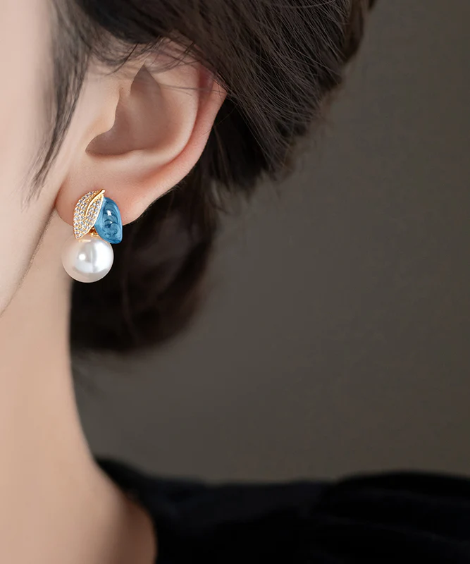 Fine Blue Copper Zirconia Asymmetrical Pearl Enamel Drip Glaze Stud Earrings