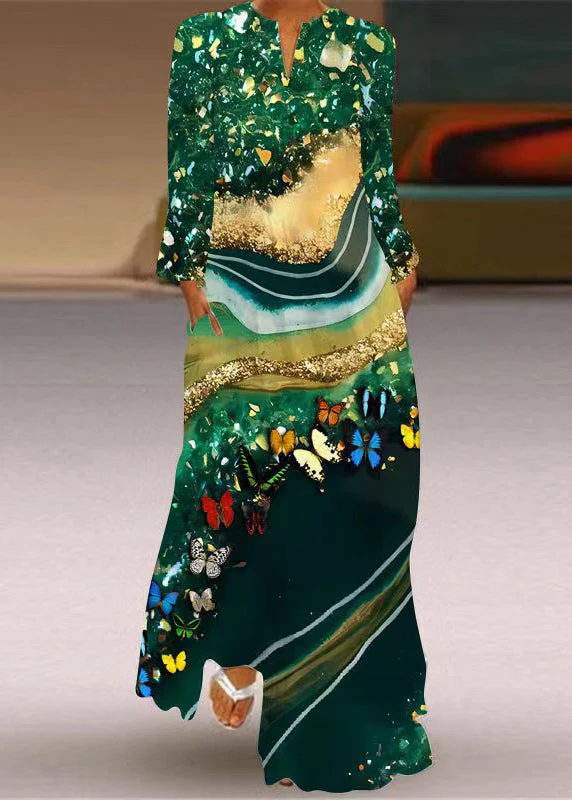 Women's Beach Boho Party Mom Colorblock V Neck Printed Long Dresses Cowboy