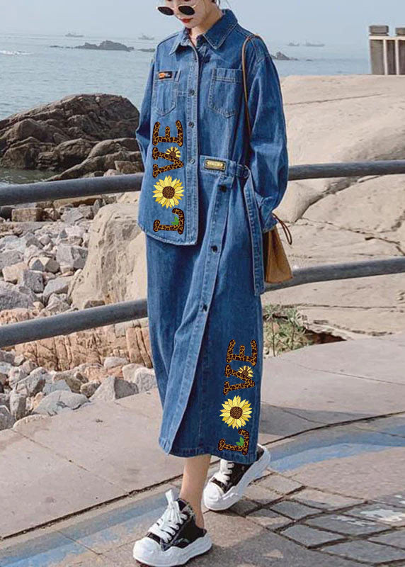 Loose Blue Asymmetric Design Denim Long Sleeve Long Dresses