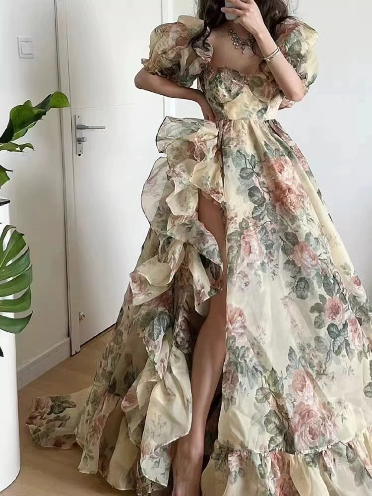 Elegant yellow background rose print asymmetric resort maxi dress