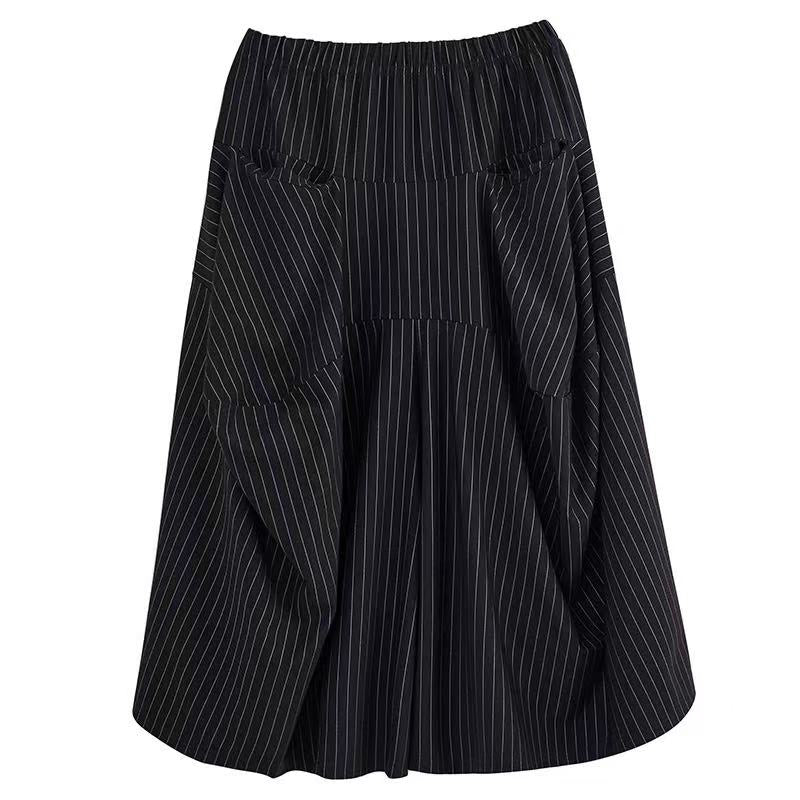 Women's Black Striped Pocket Casual Half Skirt Spring