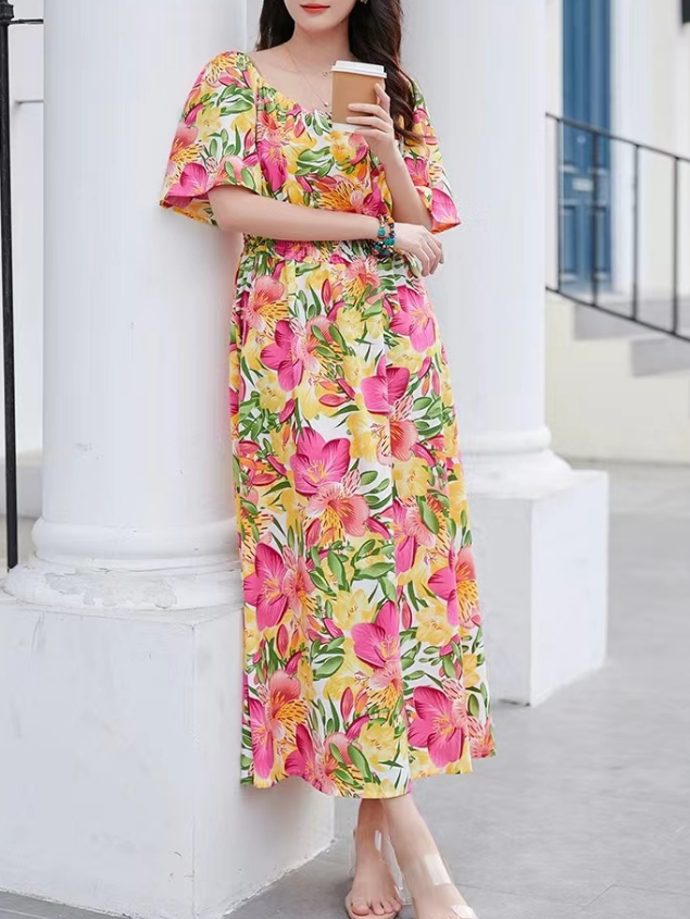 French Round Neck Printed Skinny Waist Short Sleeve Dress
