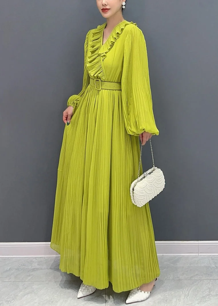 Women's Green V Neck Pleated Cotton Long Sleeve Dress Spring