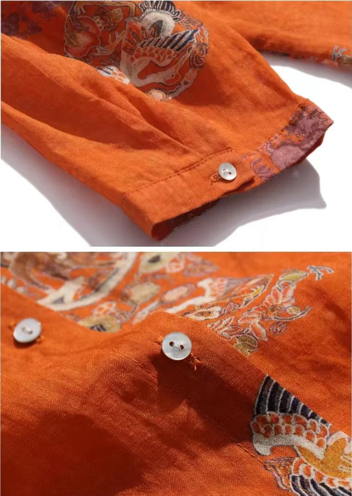 Elegant Printed Lapel Patchwork Cotton Shirt Top