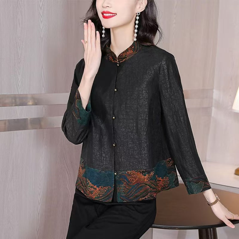 Chinese Style Standing Collar Printed Patchwork Button Silk Shirt Long Sleeve