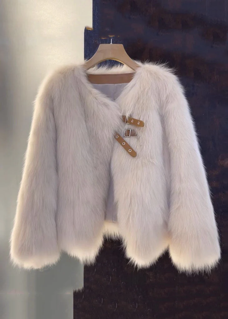 Italian Brown V-Neck Leather and Fur Coat