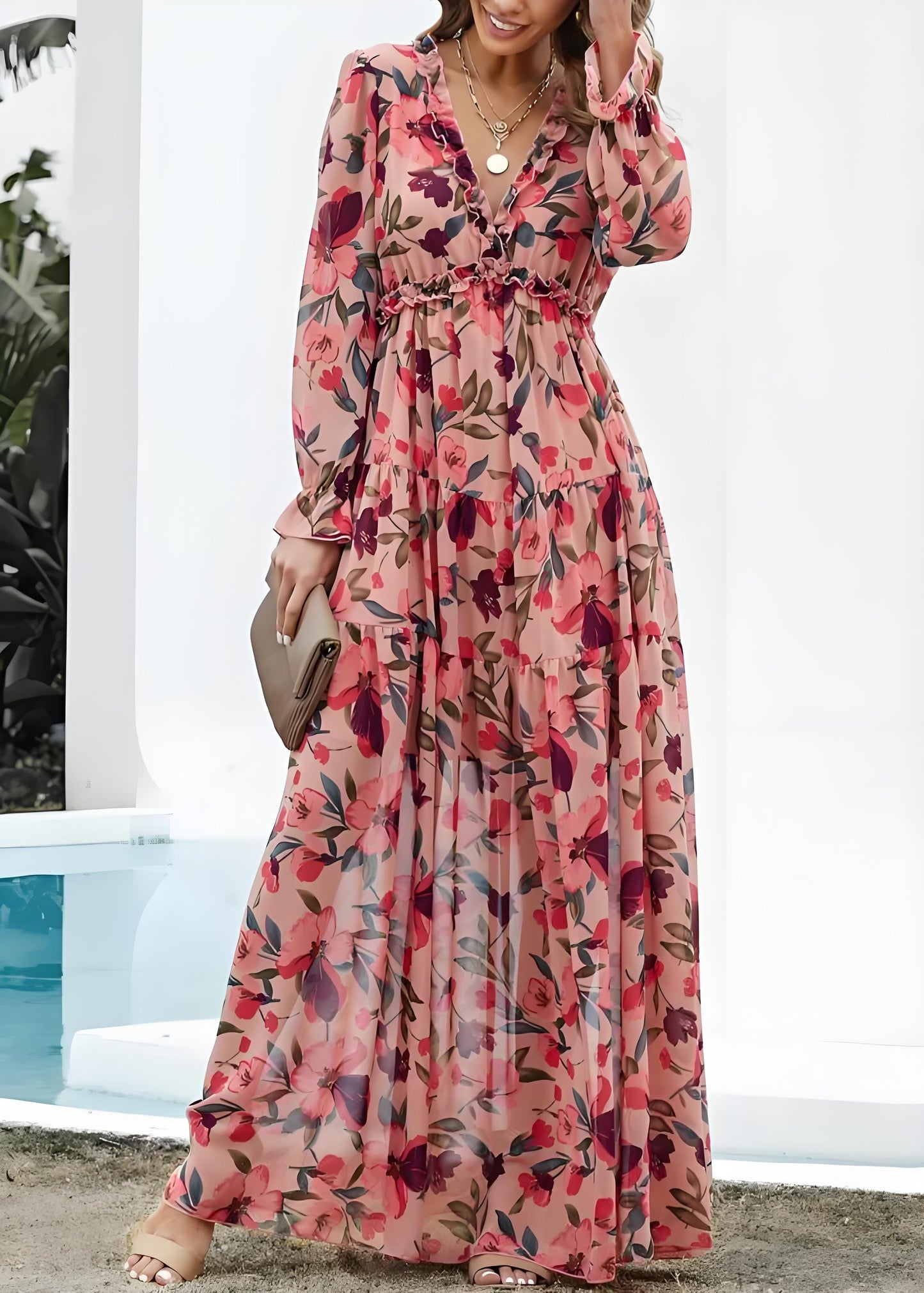 Women's Pink V-Neck Ruffle Printed Long Dress