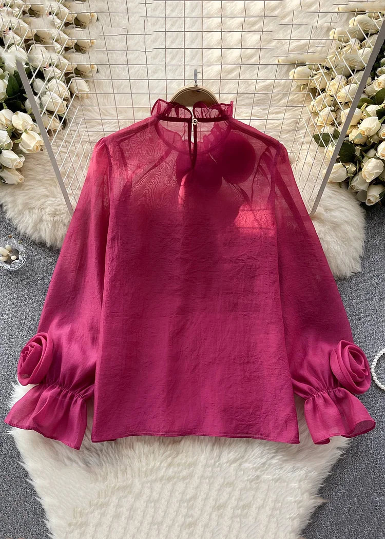 Women's Bright Orange Ruffle Solid Color Long Sleeve Top