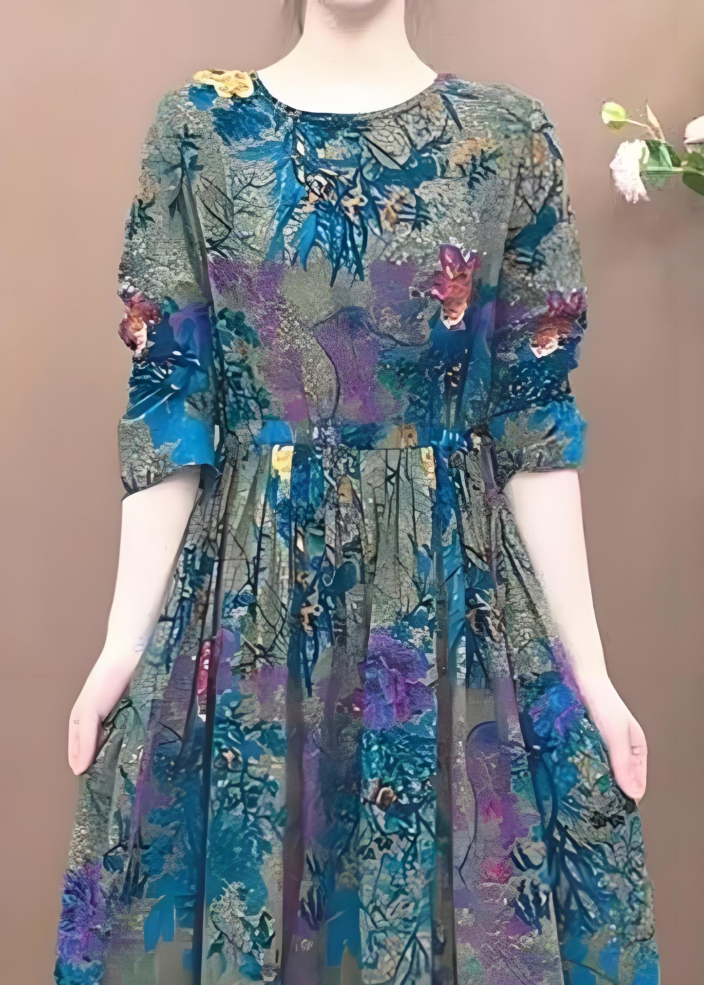 Women's Plus Size Blue O Neck Printed Pocket Cotton Half Sleeve Dress Spring