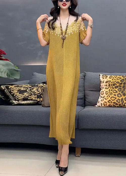 Yellow round neck printed cotton maxi dress