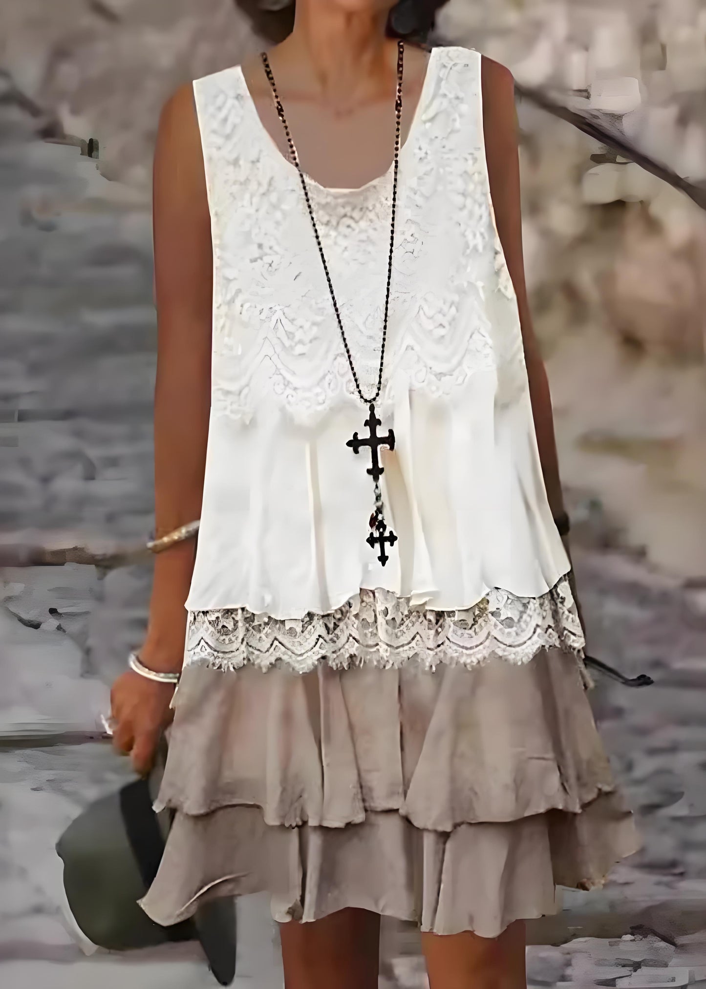 Women's Beach White Round Neck Lace Patchwork Midi Dresses