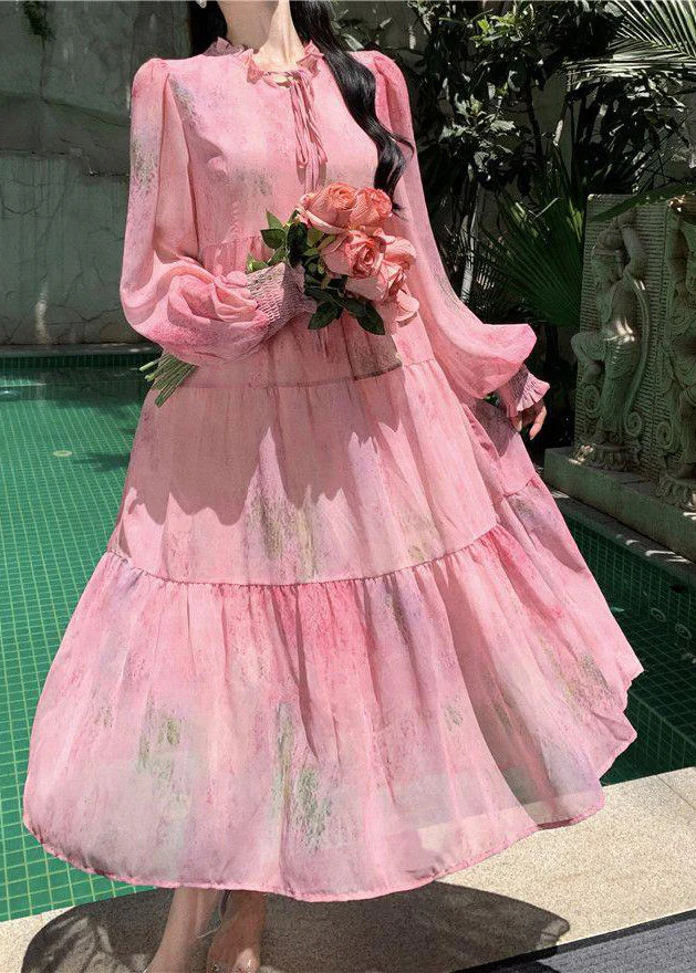 Women's Original Pink Ruffle Tie Splicing Chiffon Long Sleeve Dress Party