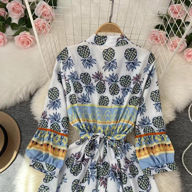 Bohemian V-Neck Printed Beach Hem Long Sleeve Dress