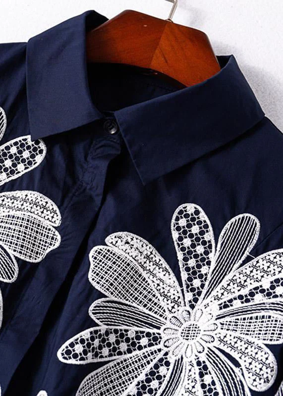 French Pan Collar Embroidery Asymmetric Design Cotton Long Shirt Half Sleeve Top