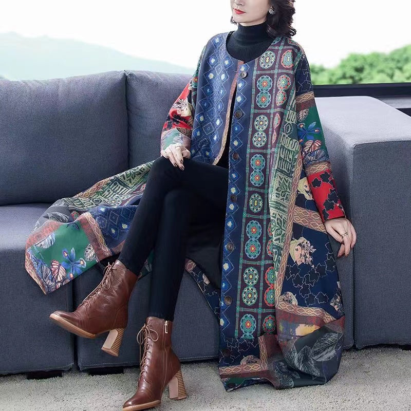 Retro Irregular Print Long Coat Thin Cotton Jacket