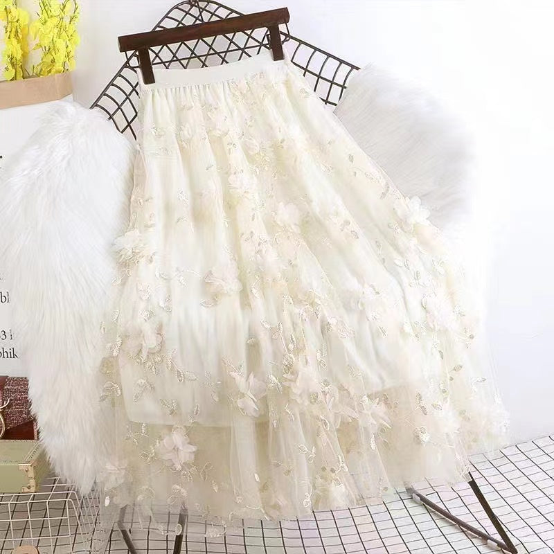 Embroidered three-dimensional floral mesh dress