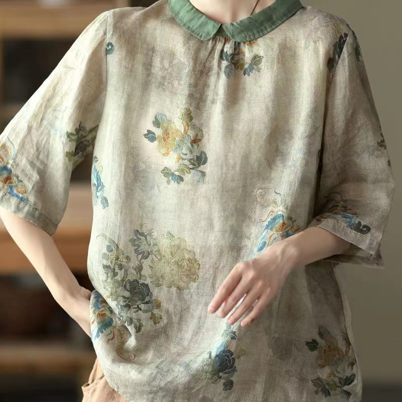 Vintage Printed Thin Shirt Lapel Pullover