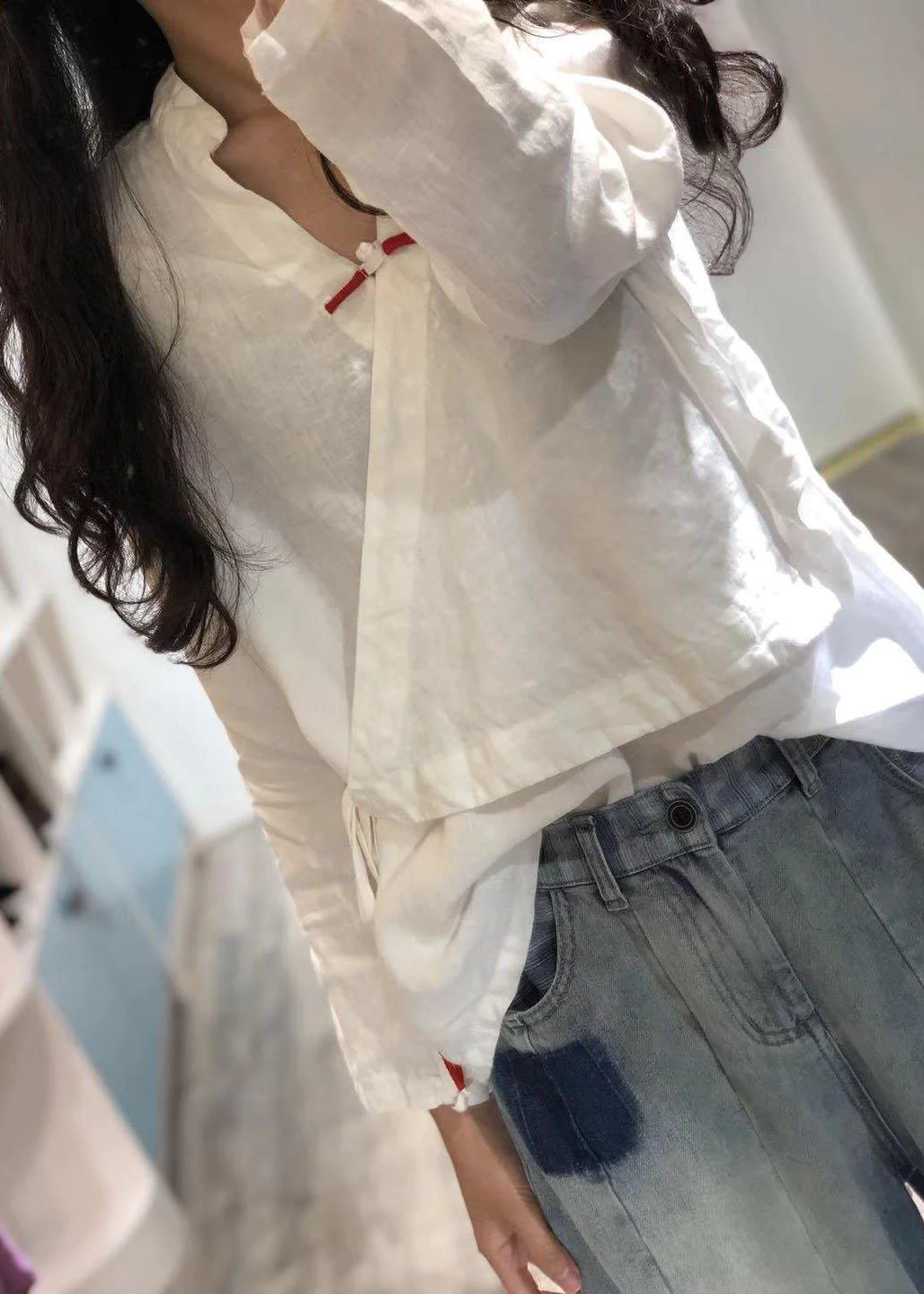 White Linen Shirt V-Neck Top