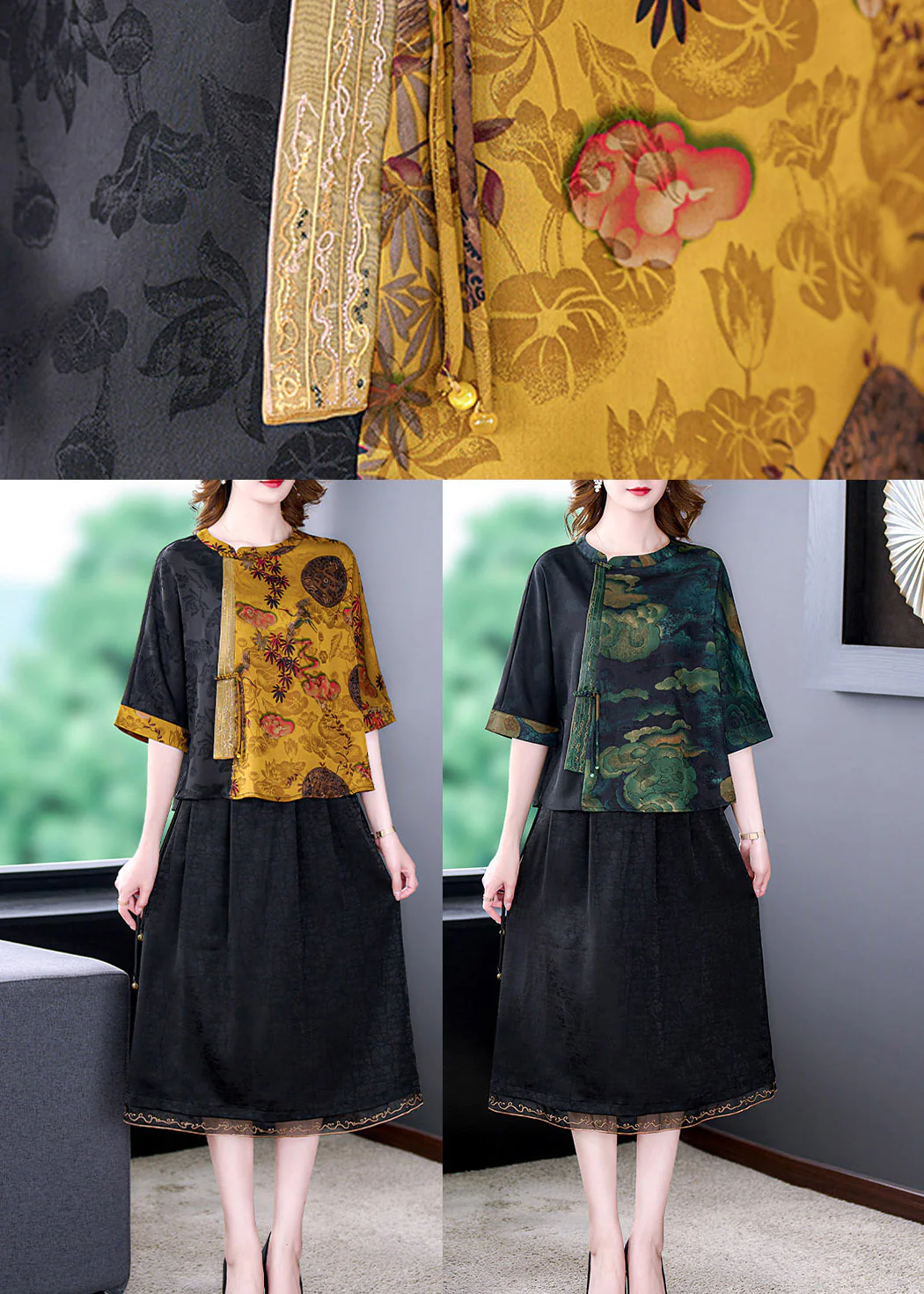 Crew Neck Printed Patchwork Seven-Quarter Sleeve Silk Blouse