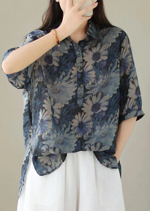 Vintage Printed Linen Top Half Sleeve
