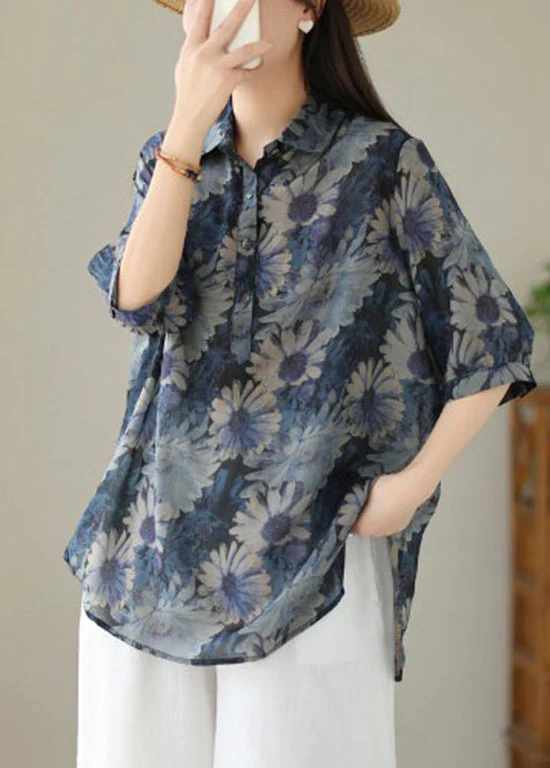 Vintage Printed Linen Top Half Sleeve