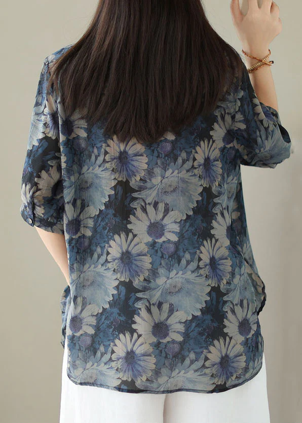 Vintage Printed Linen Top Half Sleeve