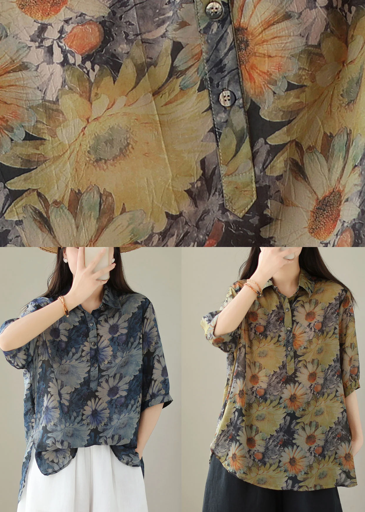 Vintage Printed Linen Top Half Sleeve