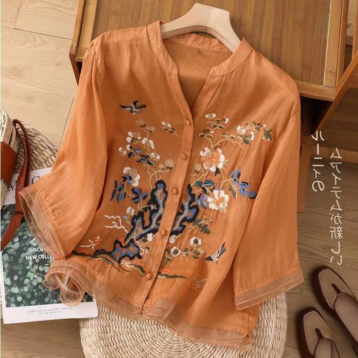 Chic Embroidered Buttoned Linen Top